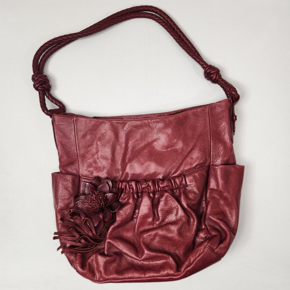 BRIGHTON Red Flower Leather Boho Shoulder Bag Purse Floral